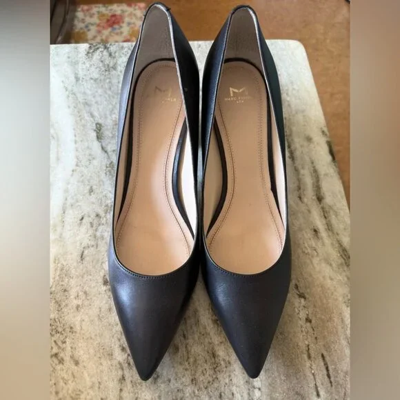 Marc Fisher Women’s Black Leather Zara Block Pointy Toe Pump Heels - Picture 2 of 6